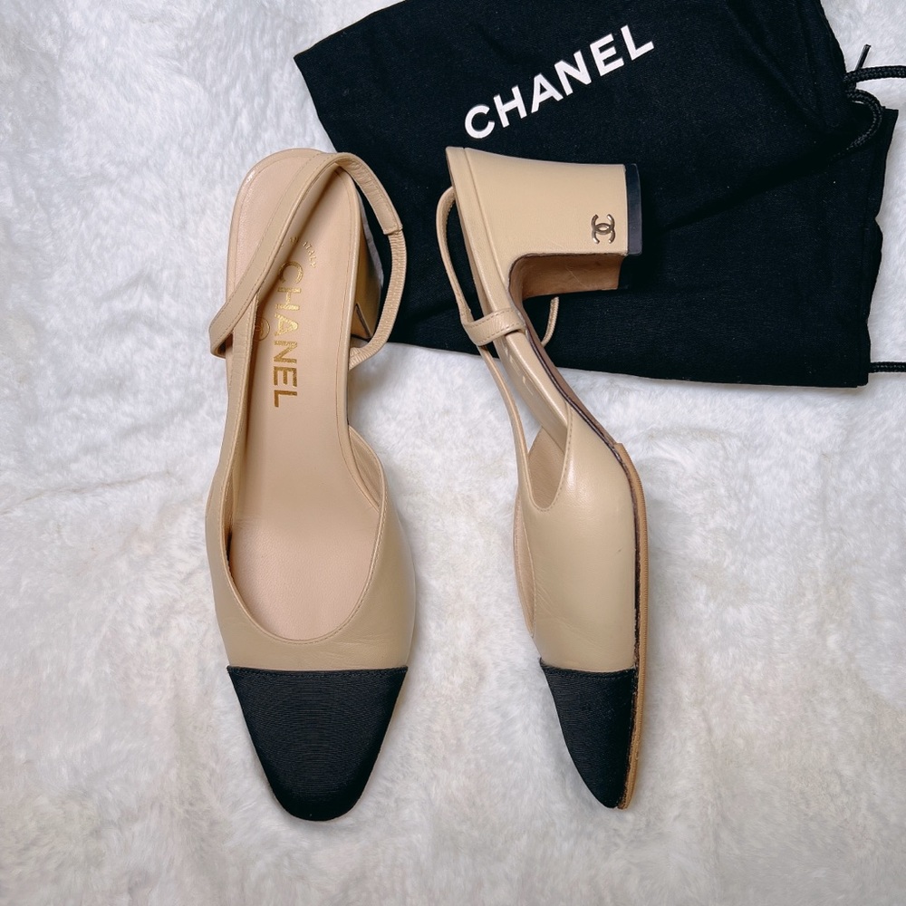 ❤️SOLD❤️CHANEL classic slingbacks beige black 37.5 37.5C